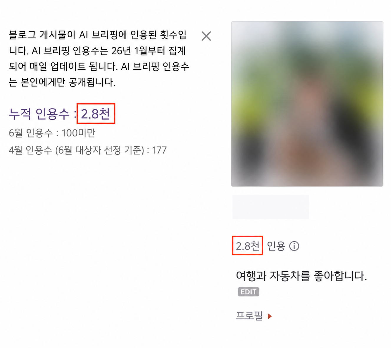 네이버가 보여주는 내 블로그 누적 AI 인용수
