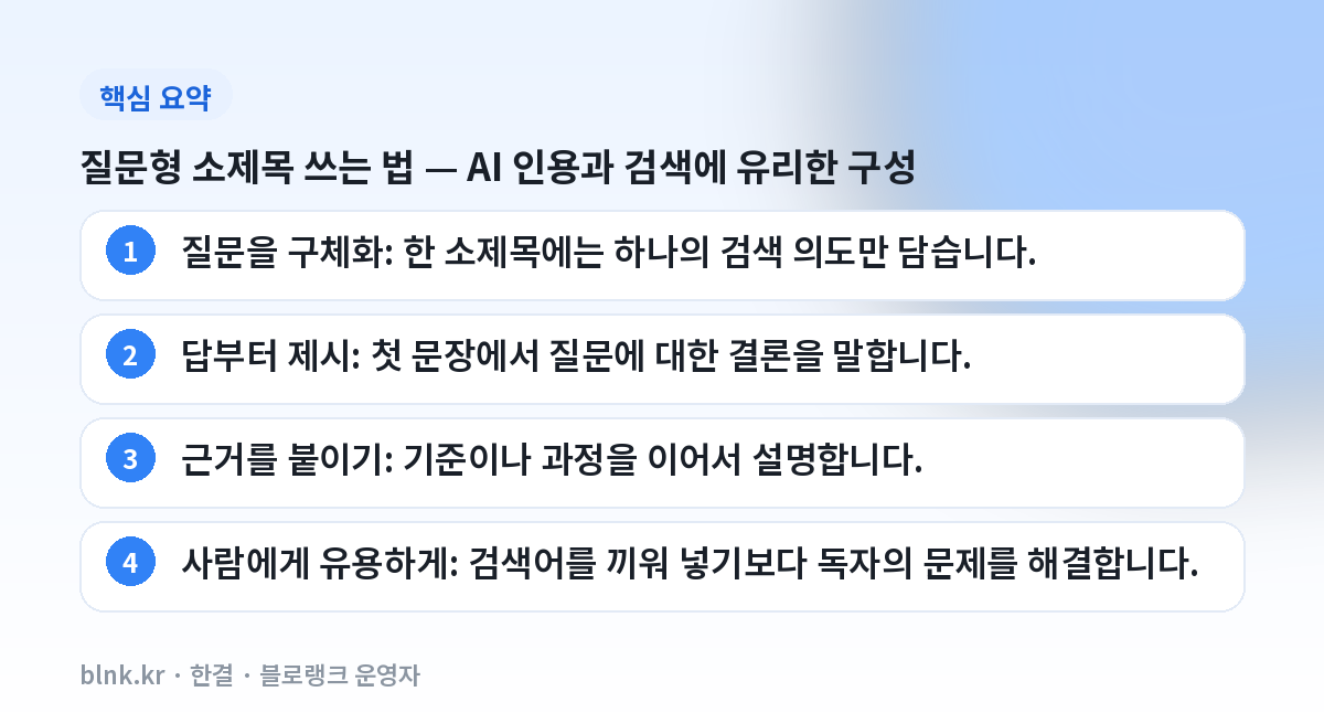 질문형 소제목 쓰는 법 — AI 인용과 검색에 유리한 구성 핵심 요약