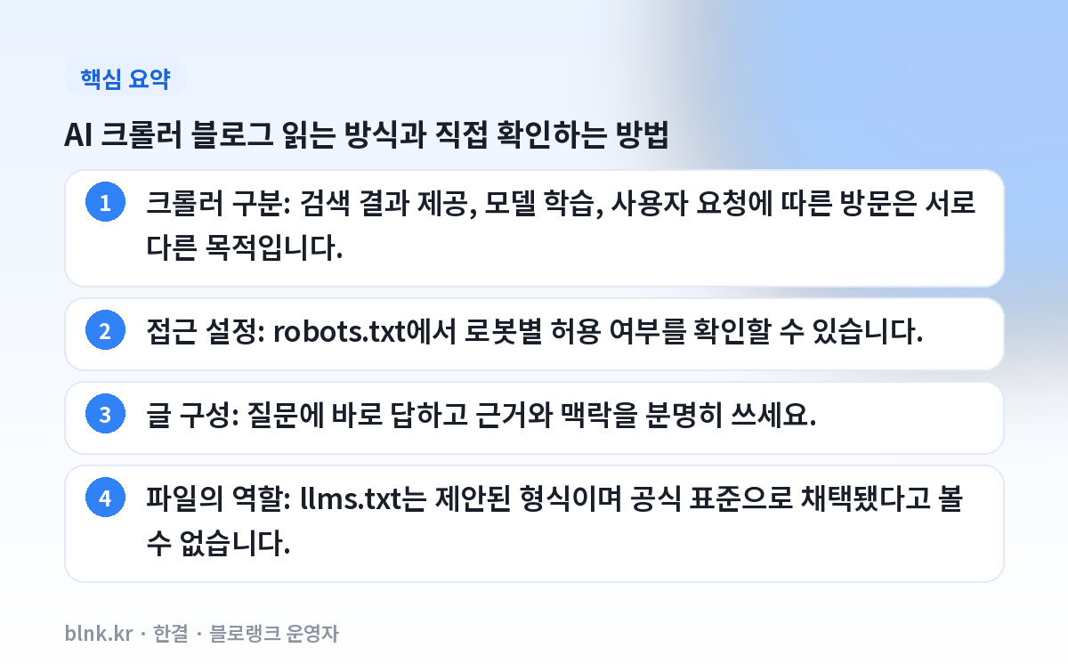 AI 크롤러 블로그 읽는 방식과 직접 확인하는 방법 핵심 요약
